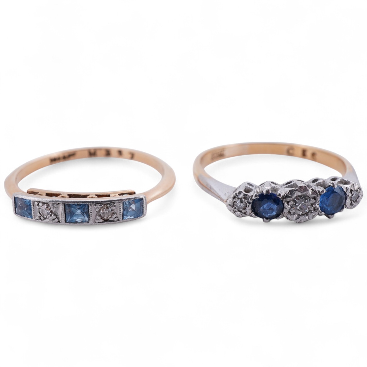 Two sapphire and diamond rings, each set with an alternating sequence of five sapphires and diamonds, mounted in gold and platinum, sizes P and P1/2, stamped 18ct and 18ct&Pt respectively, combined gross weight approxima